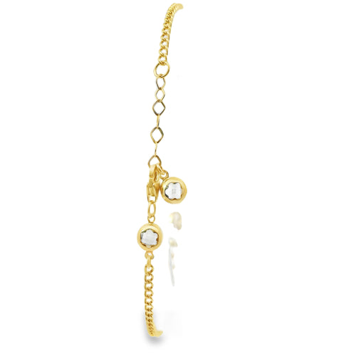 14KT Gold Bracelet Women's Plain Puff Mariner Links with Cable Link Band and White CZ Stone End Cable Link Lobster Clasp