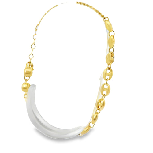 14KT Gold Bracelet Women's Plain Puff Mariner Links with Cable Link Band and White CZ Stone End Cable Link Lobster Clasp