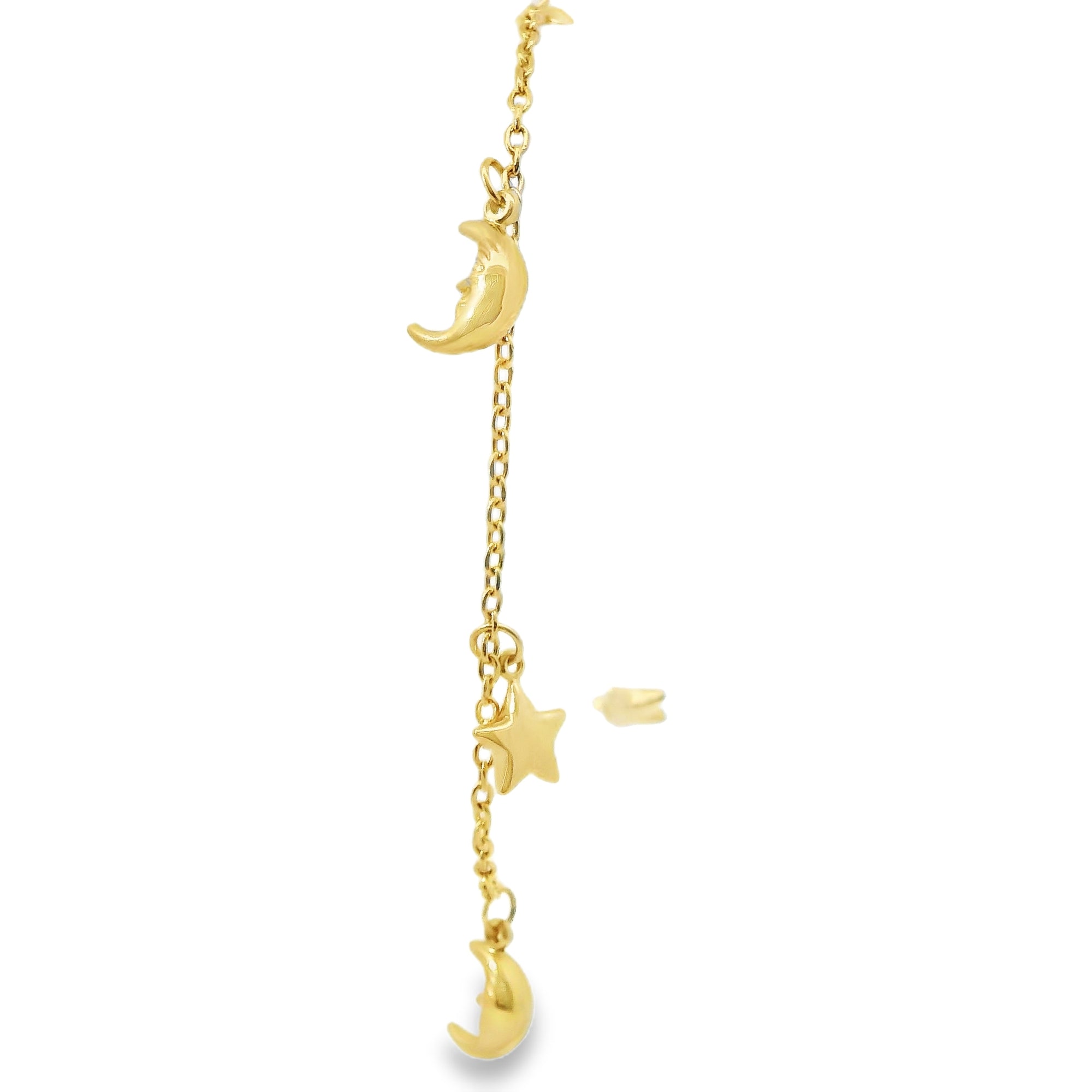 14KT Gold Bracelet Women's Charm Alternating Plain Puff Stars and Plain Puff Moons with White CZ Stone End Cable Link Lobster Clasp Band