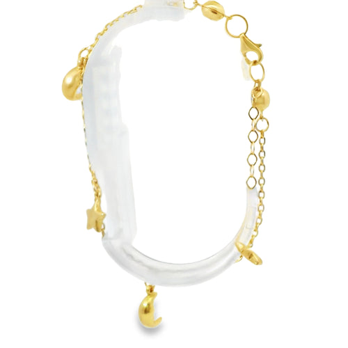 14KT Gold Bracelet Women's Charm Alternating Plain Puff Stars and Plain Puff Moons with White CZ Stone End Cable Link Lobster Clasp Band