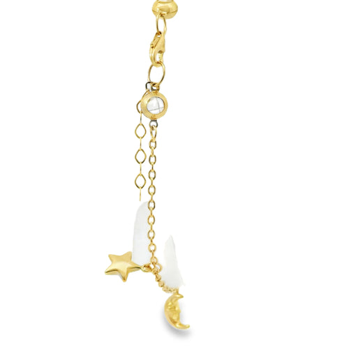 14KT Gold Bracelet Women's Charm Alternating Plain Puff Stars and Plain Puff Moons with White CZ Stone End Cable Link Lobster Clasp Band
