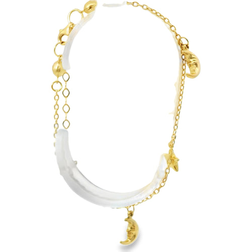 14KT Gold Bracelet Women's Charm Alternating Plain Puff Stars and Plain Puff Moons with White CZ Stone End Cable Link Lobster Clasp Band