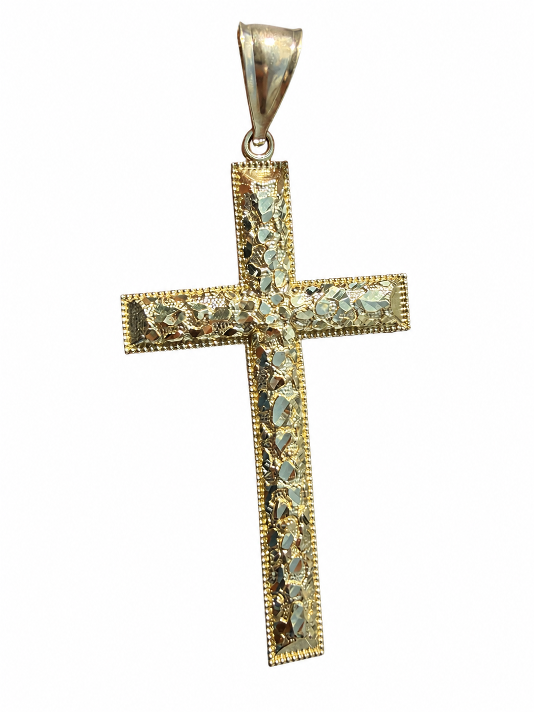 14KT Gold Charm 2XL Puff Nugget Cross with Plain Bell