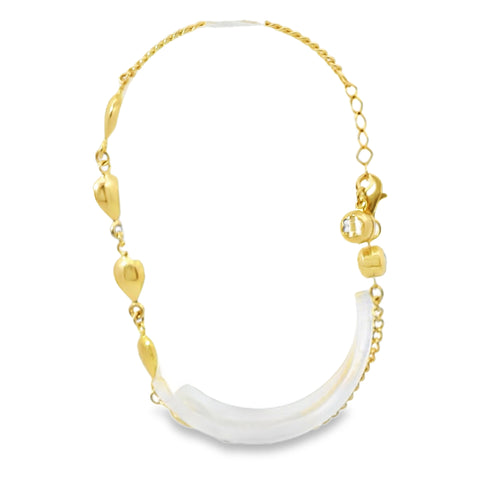 14KT Gold Bracelet Women's Plain Puff Tear Drop Links with Cable Link Band and White CZ Stone End Cable Link Lobster Clasp