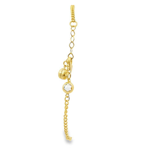 14KT Gold Bracelet Women's Plain Puff Tear Drop Links with Cable Link Band and White CZ Stone End Cable Link Lobster Clasp