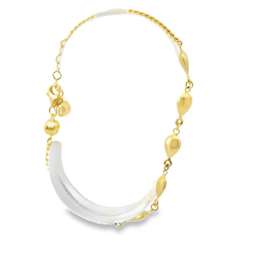 14KT Gold Bracelet Women's Plain Puff Tear Drop Links with Cable Link Band and White CZ Stone End Cable Link Lobster Clasp