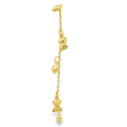 14KT Gold Bracelet Women's Charm Alternating Plain Puff Hearts and Plain Puff Teddy Bears with White CZ Stone End Cable Link Lobster Clasp Band