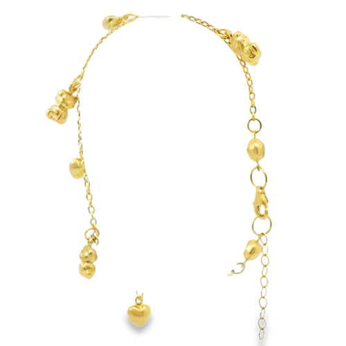 14KT Gold Bracelet Women's Charm Alternating Plain Puff Hearts and Plain Puff Teddy Bears with White CZ Stone End Cable Link Lobster Clasp Band