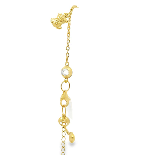14KT Gold Bracelet Women's Charm Alternating Plain Puff Hearts and Plain Puff Teddy Bears with White CZ Stone End Cable Link Lobster Clasp Band