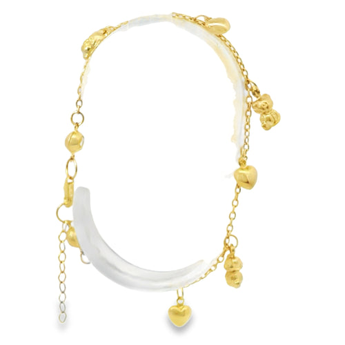 14KT Gold Bracelet Women's Charm Alternating Plain Puff Hearts and Plain Puff Teddy Bears with White CZ Stone End Cable Link Lobster Clasp Band