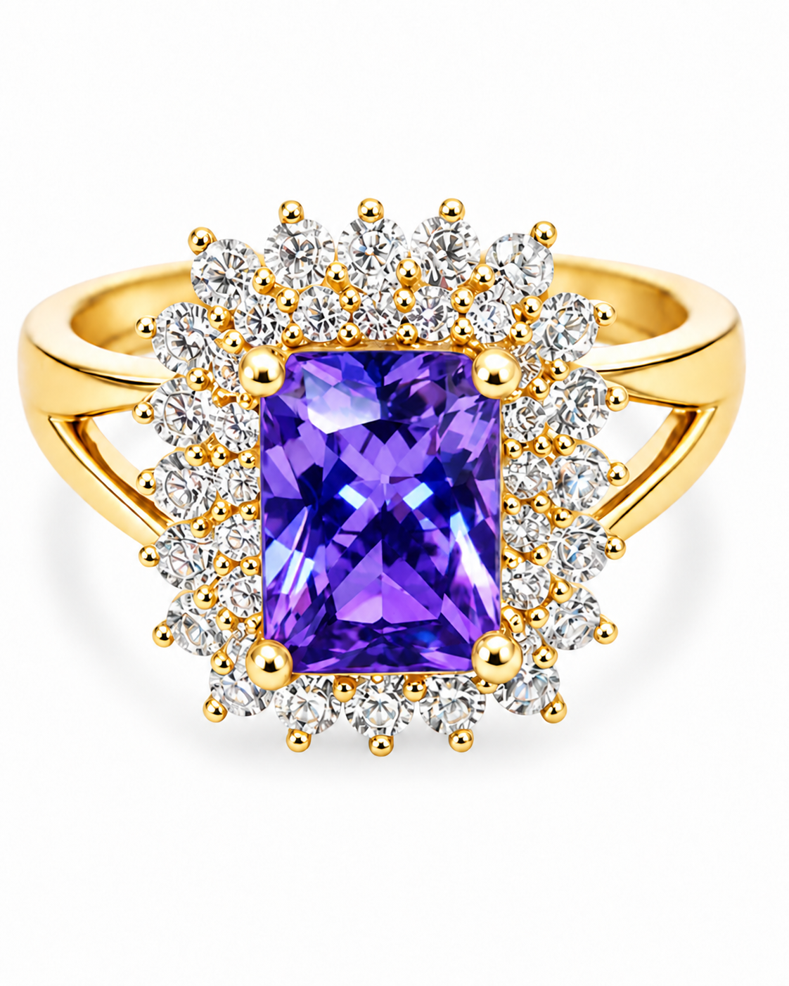 14KT Women's Gold Ring Rectangle Purple CZ Stone Center with Round Double White CZ Stones Border and Plain Split Band