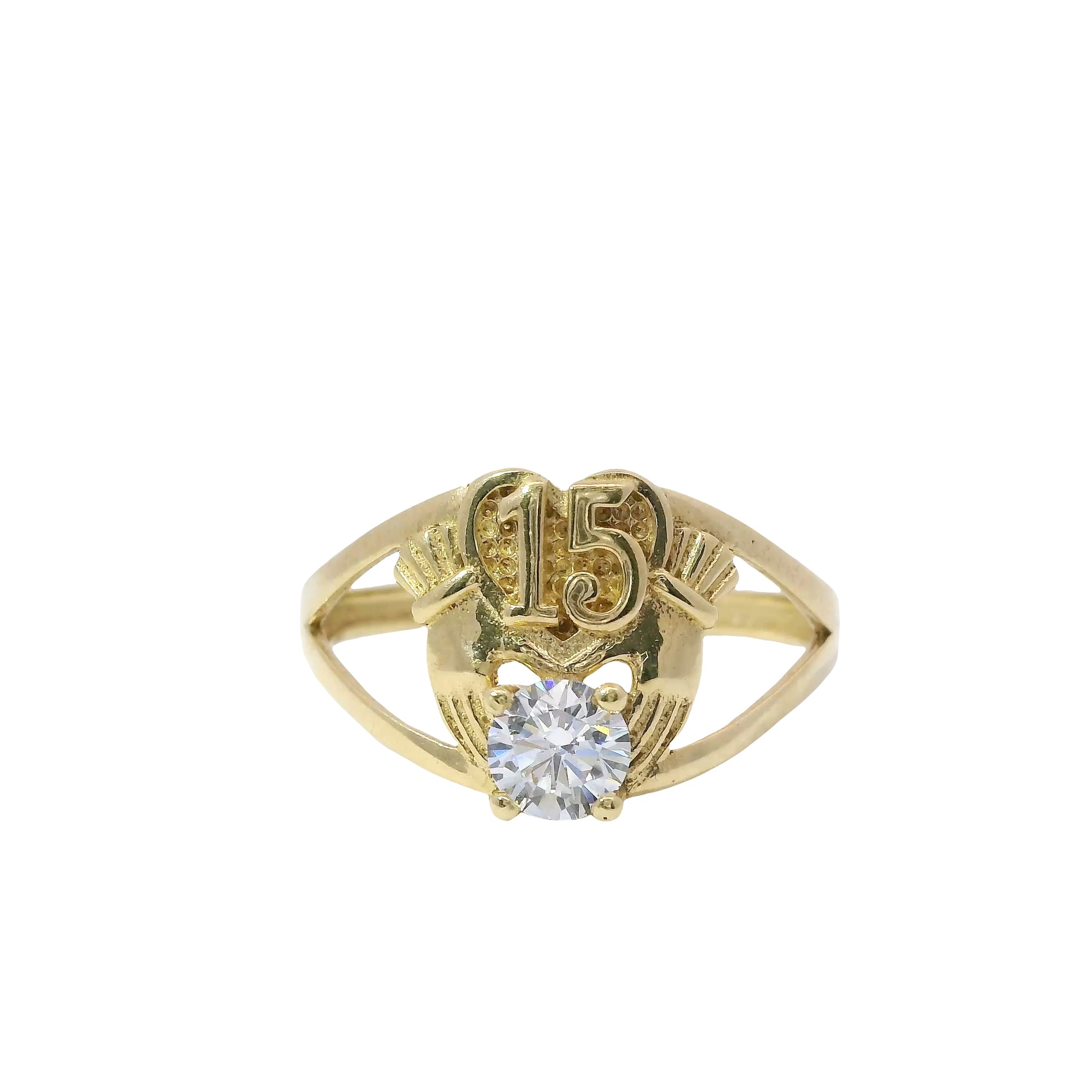14KT Gold Ring Women's Quincenaera "15" Heart Above Two Hands Holding Round White CZ Center Stone and Split Band