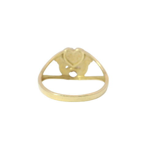 14KT Gold Ring Women's Quincenaera "15" Heart Above Two Hands Holding Round White CZ Center Stone and Split Band