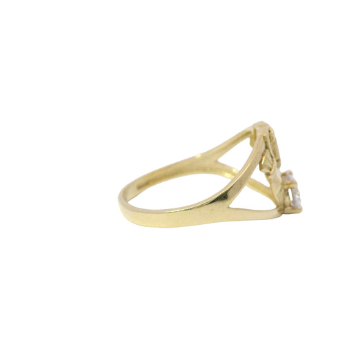 14KT Gold Ring Women's Quincenaera "15" Heart Above Two Hands Holding Round White CZ Center Stone and Split Band