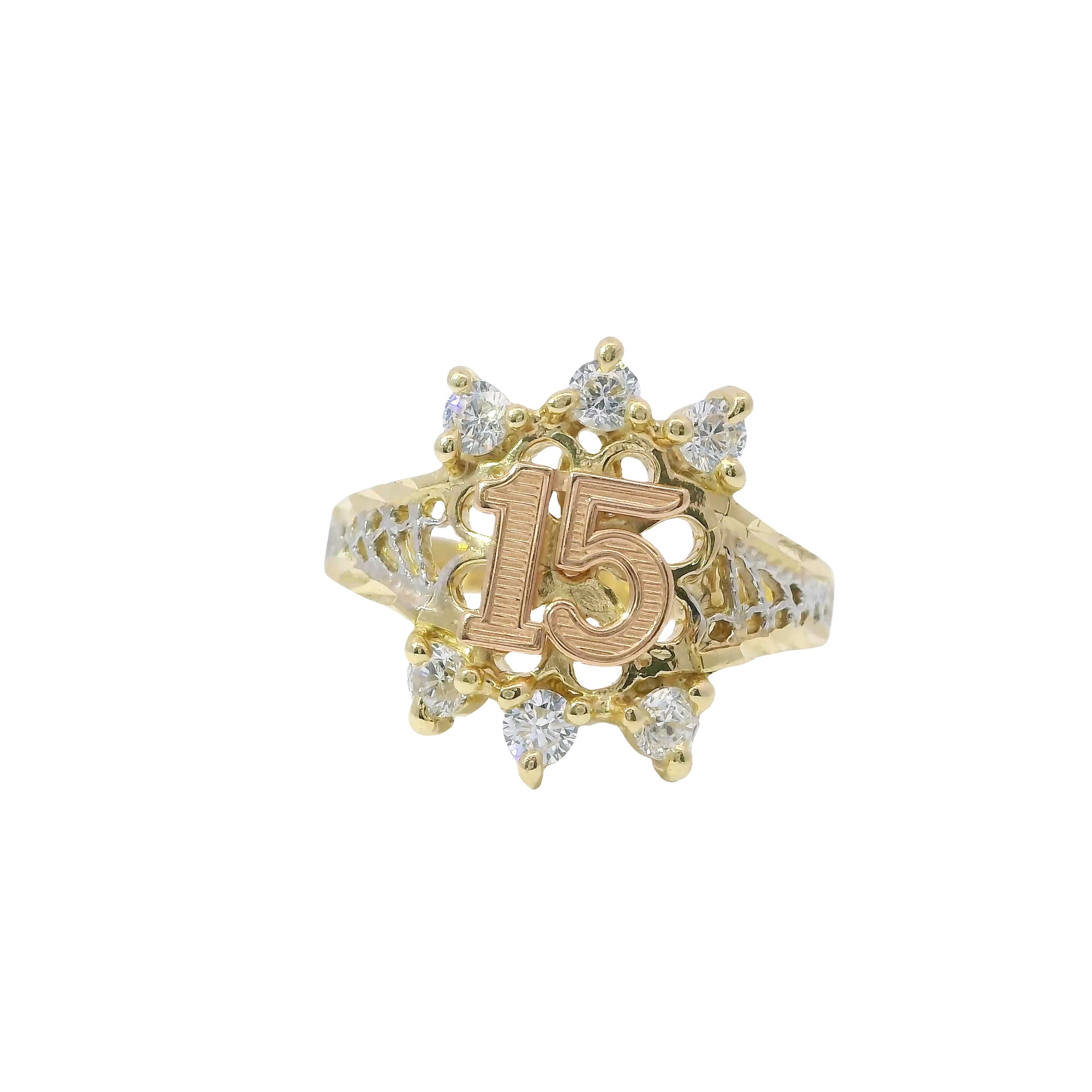 14KT Gold Ring Women's Quincenaera "15" Tri Tone Eight Petal Center Open Flower with Three Upper/Lower White CZ Stones Etched Split Band