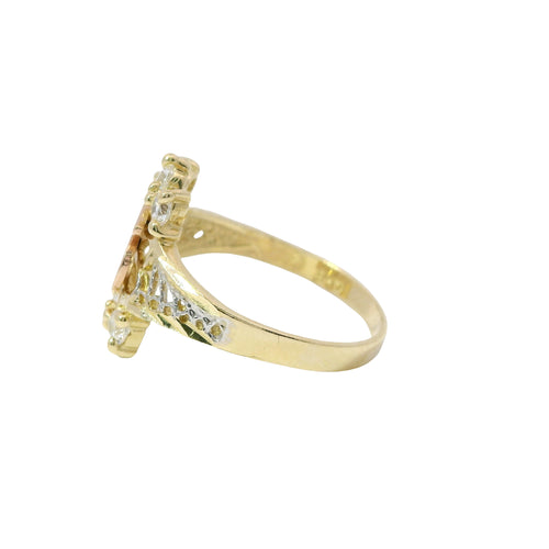 14KT Gold Ring Women's Quincenaera "15" Tri Tone Eight Petal Center Open Flower with Three Upper/Lower White CZ Stones Etched Split Band