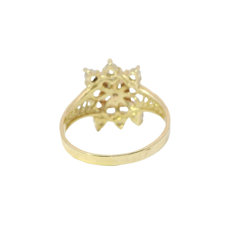 14KT Gold Ring Women's Quincenaera "15" Tri Tone Eight Petal Center Open Flower with Three Upper/Lower White CZ Stones Etched Split Band