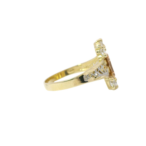 14KT Gold Ring Women's Quincenaera "15" Tri Tone Eight Petal Center Open Flower with Three Upper/Lower White CZ Stones Etched Split Band