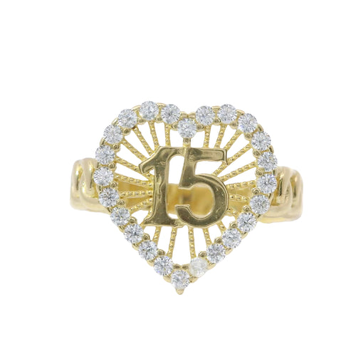 14KT Gold Ring Women's Quinceanera "15" Open Sunray Stripe Heart Center with White CZ Stones Border and Chino Link Band