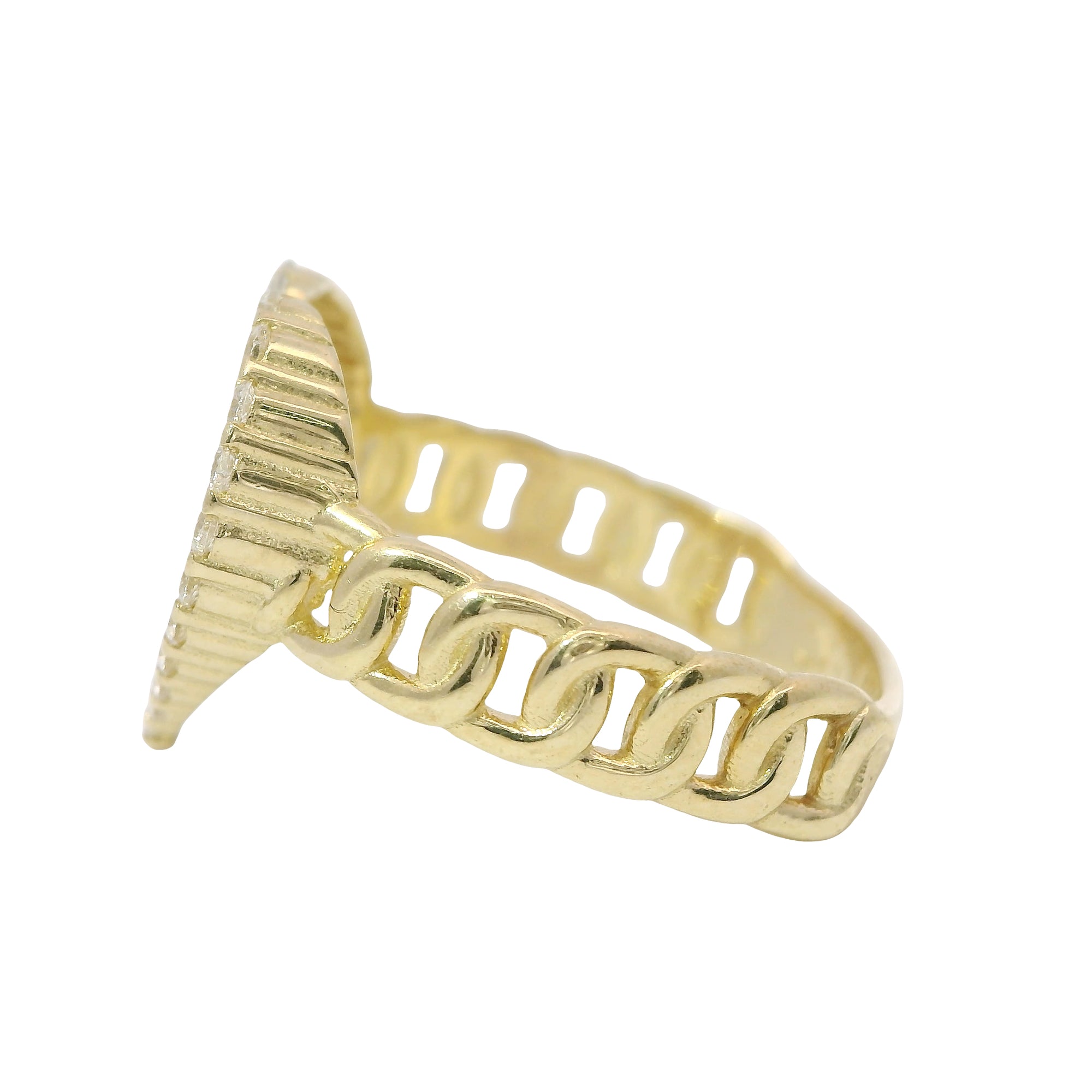 14KT Gold Ring Women's Quinceanera "15" Open Sunray Stripe Heart Center with White CZ Stones Border and Chino Link Band