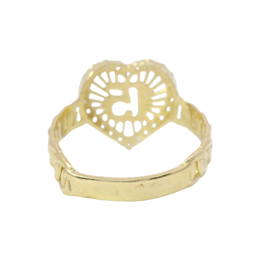 14KT Gold Ring Women's Quinceanera "15" Open Sunray Stripe Heart Center with White CZ Stones Border and Chino Link Band