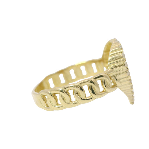 14KT Gold Ring Women's Quinceanera "15" Open Sunray Stripe Heart Center with White CZ Stones Border and Chino Link Band