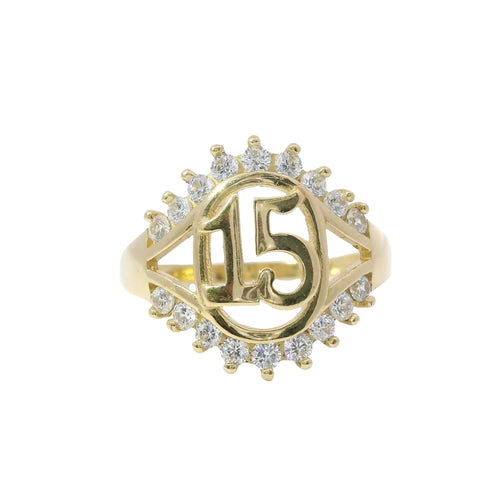 14KT Gold Ring Women's Quincenaera "15" Oval Center with Nine Upper and Lower White CZ Stones and Plain Split Band