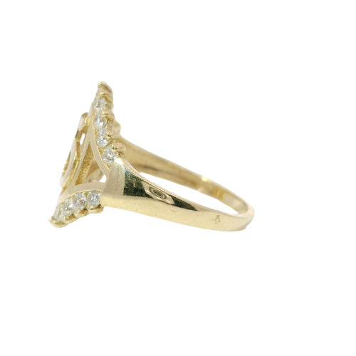 14KT Gold Ring Women's Quincenaera "15" Oval Center with Nine Upper and Lower White CZ Stones and Plain Split Band