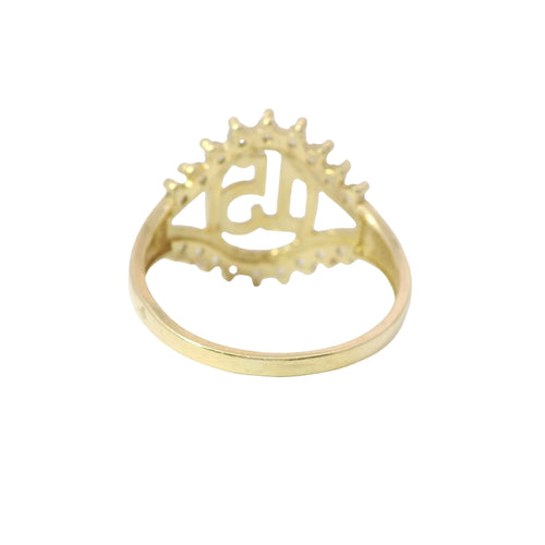 14KT Gold Ring Women's Quincenaera "15" Oval Center with Nine Upper and Lower White CZ Stones and Plain Split Band