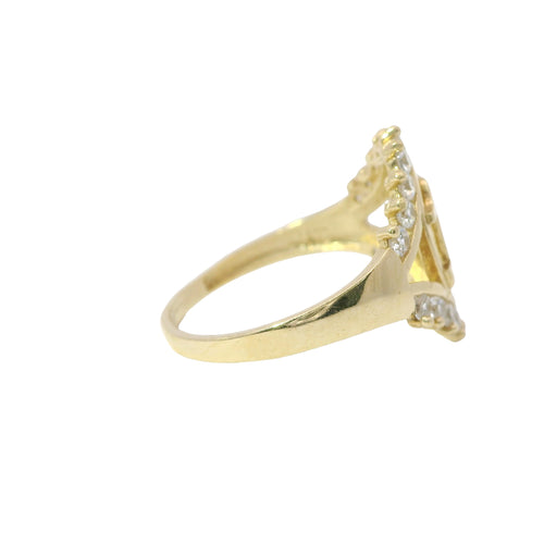 14KT Gold Ring Women's Quincenaera "15" Oval Center with Nine Upper and Lower White CZ Stones and Plain Split Band