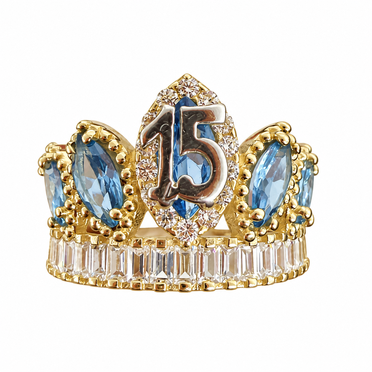 14KT Gold Ring Women's "15" Quinceanera Crown Turquoise Marquise CZ Stones with Round White CZ Stones Border and White Baguette CZ Stones Band