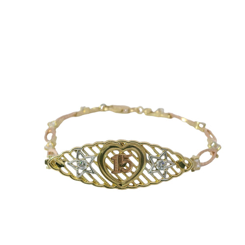 14KT Gold Bracelet Women's Tri Tone "15" Quinceanera Plain Heart Outline / Two Stars with White CZ Stone Centers and Stripe Background Center Plaque with Alternating White CZ Stone / Eye Shape Band 4.5mm