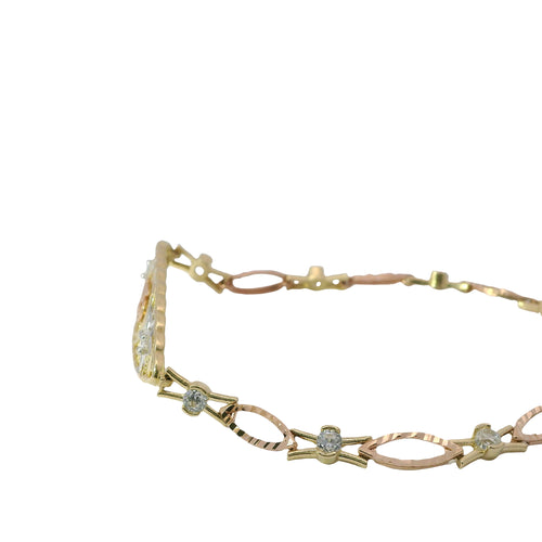 14KT Gold Bracelet Women's Tri Tone "15" Quinceanera Plain Heart Outline / Two Stars with White CZ Stone Centers and Stripe Background Center Plaque with Alternating White CZ Stone / Eye Shape Band 4.5mm
