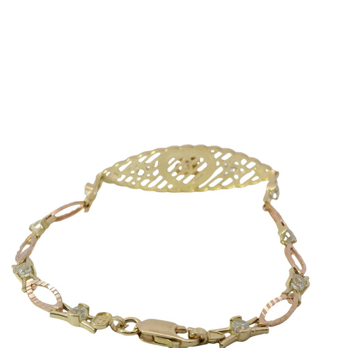 14KT Gold Bracelet Women's Tri Tone "15" Quinceanera Plain Heart Outline / Two Stars with White CZ Stone Centers and Stripe Background Center Plaque with Alternating White CZ Stone / Eye Shape Band 4.5mm