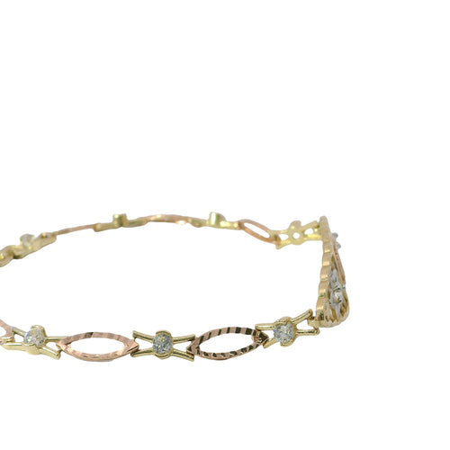14KT Gold Bracelet Women's Tri Tone "15" Quinceanera Plain Heart Outline / Two Stars with White CZ Stone Centers and Stripe Background Center Plaque with Alternating White CZ Stone / Eye Shape Band 4.5mm