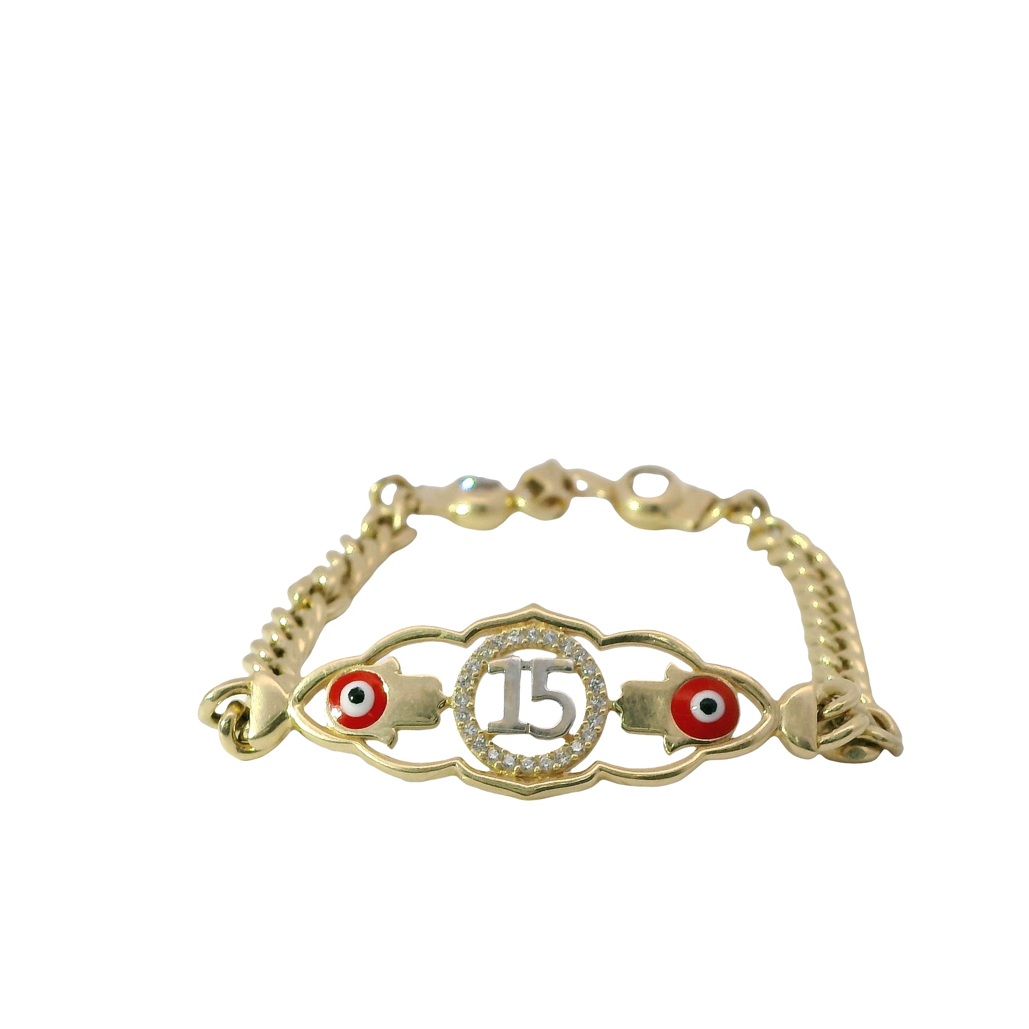 14KT Gold Bracelet Women's "15" Quinceanera Red Eye / Hand Plaque with White CZ Stone Circle Around "15" with Cuban Band 3.5mm
