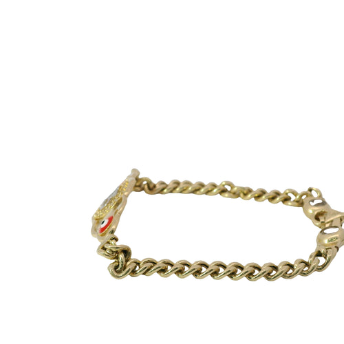 14KT Gold Bracelet Women's "15" Quinceanera Red Eye / Hand Plaque with White CZ Stone Circle Around "15" with Cuban Band 3.5mm