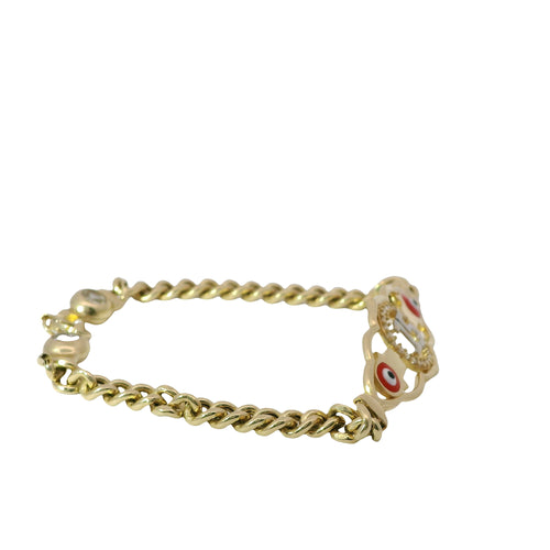 14KT Gold Bracelet Women's "15" Quinceanera Red Eye / Hand Plaque with White CZ Stone Circle Around "15" with Cuban Band 3.5mm