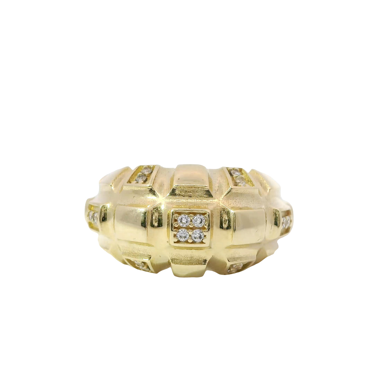 14KT Gold Ring Women's Raised Pineapple Granade with Seven White CZ Stones Sections and Plain Band
