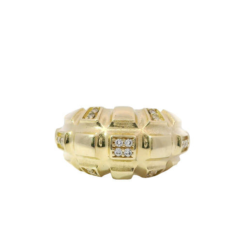 14KT Gold Ring Women's Raised Pineapple Granade with Seven White CZ Stones Sections and Plain Band