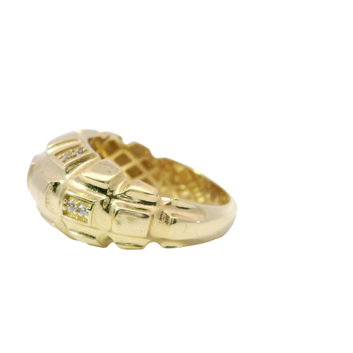 14KT Gold Ring Women's Raised Pineapple Granade with Seven White CZ Stones Sections and Plain Band