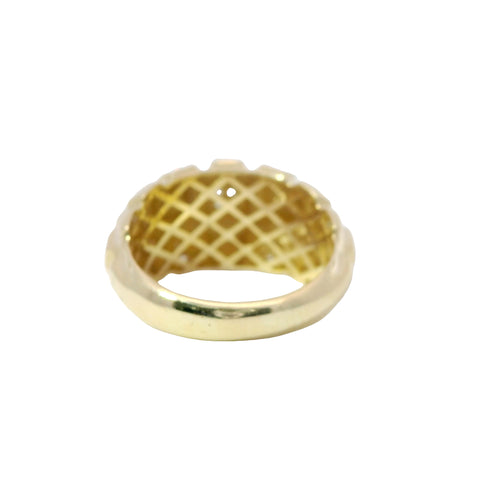 14KT Gold Ring Women's Raised Pineapple Granade with Seven White CZ Stones Sections and Plain Band