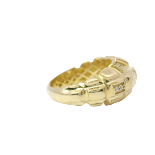 14KT Gold Ring Women's Raised Pineapple Granade with Seven White CZ Stones Sections and Plain Band
