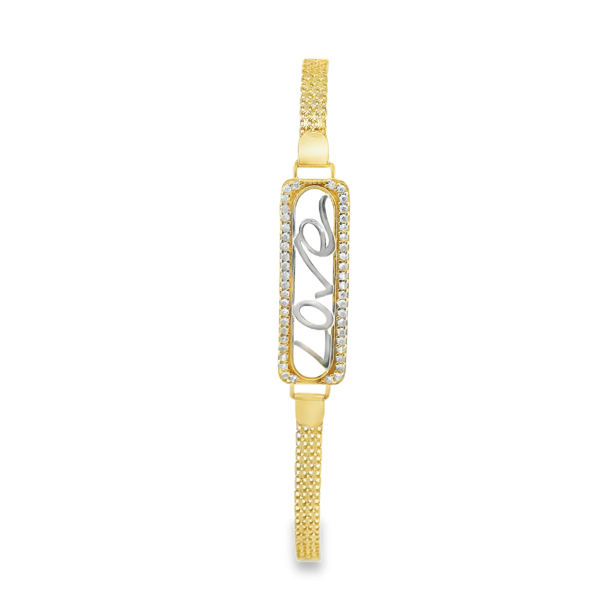 14KT Gold Bracelet Women's Single Charm Two Tone Rectangle "Love" Plaque with White CZ Stones Border and White CZ Stone End Bizmark Link Lobster Clasp