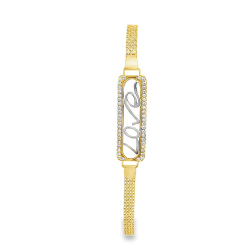 14KT Gold Bracelet Women's Single Charm Two Tone Rectangle "Love" Plaque with White CZ Stones Border and White CZ Stone End Bizmark Link Lobster Clasp