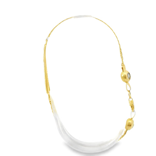 14KT Gold Bracelet Women's Single Charm Two Tone Rectangle "Love" Plaque with White CZ Stones Border and White CZ Stone End Bizmark Link Lobster Clasp
