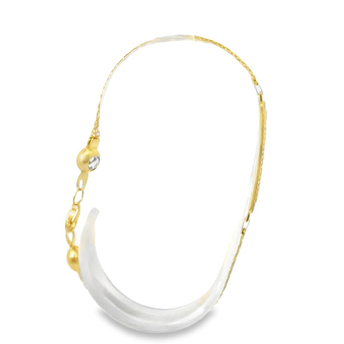 14KT Gold Bracelet Women's Single Charm Two Tone Rectangle "Love" Plaque with White CZ Stones Border and White CZ Stone End Bizmark Link Lobster Clasp
