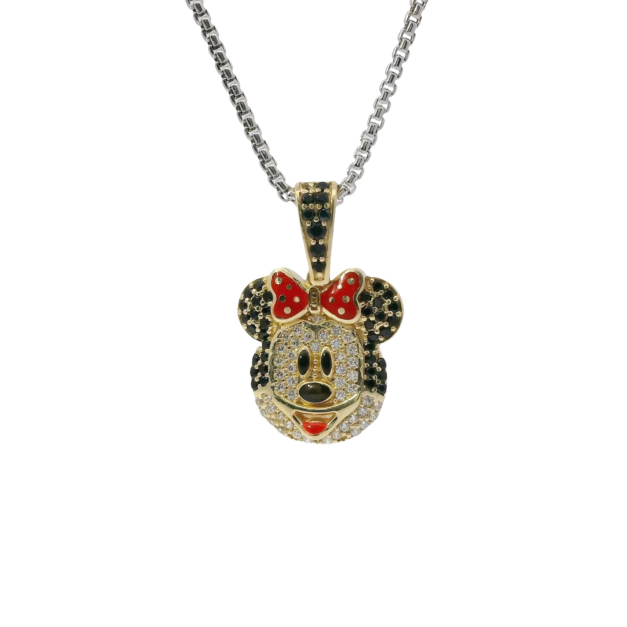 14KT Gold Charm Mickey Mouse Head with White CZ Stone Face Black CZ Ears and Bell with Red Enamel Bow and Tongue and Black Enamel Eyes and Nose