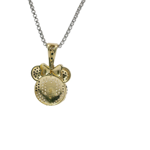 14KT Gold Charm Mickey Mouse Head with White CZ Stone Face Black CZ Ears and Bell with Red Enamel Bow and Tongue and Black Enamel Eyes and Nose