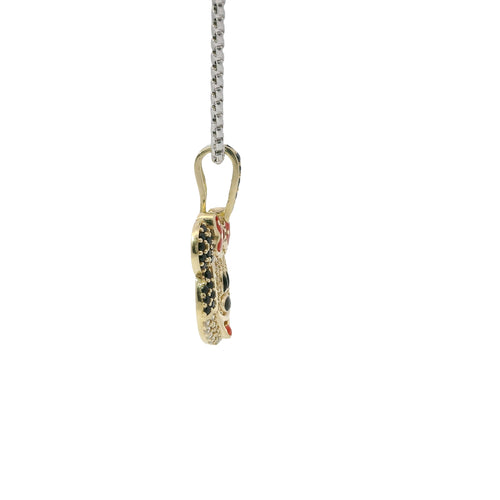 14KT Gold Charm Mickey Mouse Head with White CZ Stone Face Black CZ Ears and Bell with Red Enamel Bow and Tongue and Black Enamel Eyes and Nose